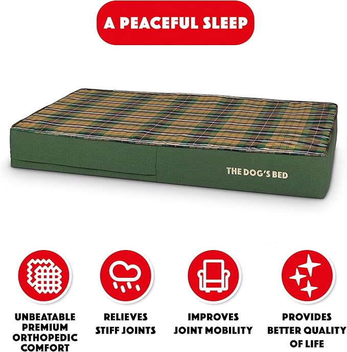 The Dog’s Bed Orthopedic Memory Foam Dog Bed, XL Green Tartan 46x28, Pain Relief for Arthritis, Hip & Elbow Dysplasia, Post Surgery, Lameness, Supportive, Calming, Waterproof Washable Cover