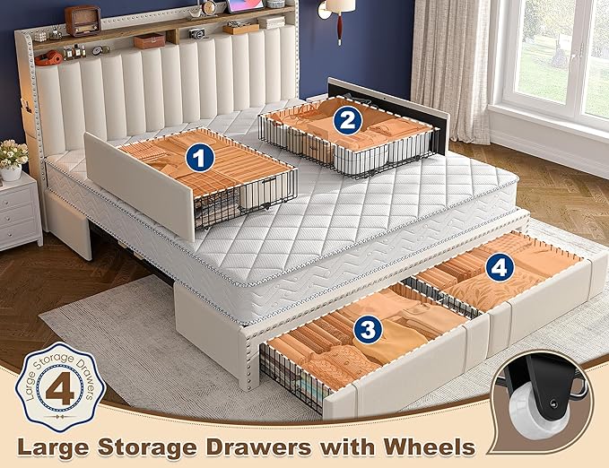 EnHomee King Size Bed Frame, Upholstered King Bed Frame with 4 Storage Drawers & 2-Tier Headboard Shelves, 1200LBS Heavy Duty, No Box Spring Needed, Easy Assembly, Beige