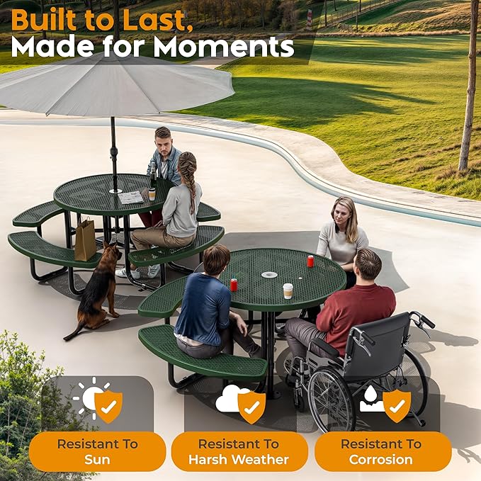 Metal Picnic Tables for Outdoors with Umbrella Hole - Coated Steel Heavy Duty Commercial Grade Furniture Set with Adjustable Seats (Green, 46 in, Round, Expanded Steel)