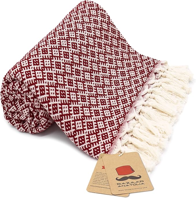 Bazaar Anatolia Turkish Beach Towel 100% Cotton Bath Towels Oversized Quick DryBathroom Towels Sand Free Camping Blanket 71x39 inches - Ethnic Maroon