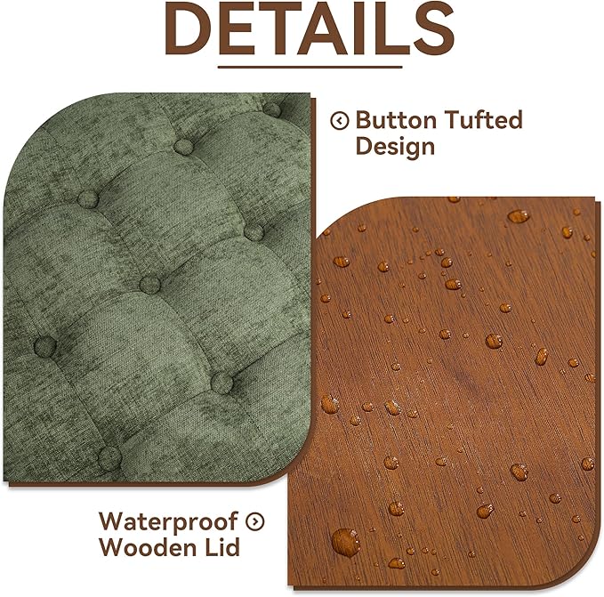 24Inch Round Storage Ottoman with Tray, Modern Tufted Circle Coffee Table with Storage, Upholstered Ottoman with Removable Top for Living Room, Bedroom, Chenille Green