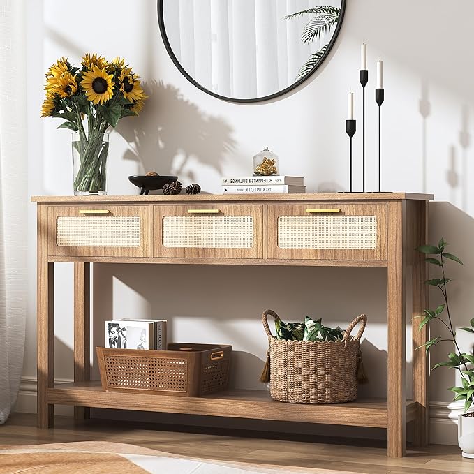 ELYKEN 51.2" Entryway Table with 3 Rattan Drawers, Boho Console Table Narrow with Storage, Long Sofa Table for Behind Couch Entry Hallway, Entrance, Living Room, Oak Brown