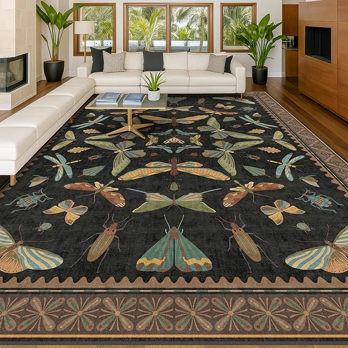 Big Black Area Rug for Living Room - Washable 10x14 Area Rug, Dining Room Rugs for Under Table, Soft Low Pile for Large Bedroom - Insect Witch Dark Moody Bug Decor, Non-Slip & Stain Resistance