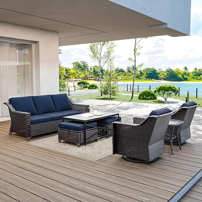 7 Pieces Wicker Patio Furniture, Luxury Outdoor Furniture with 2 Patio Swivel Chair, 3-Seater Sofa, 2 Patio Ottoman, 1 Coffee Table and 1 Side Table, Wide Armrest, Thickened Cushions