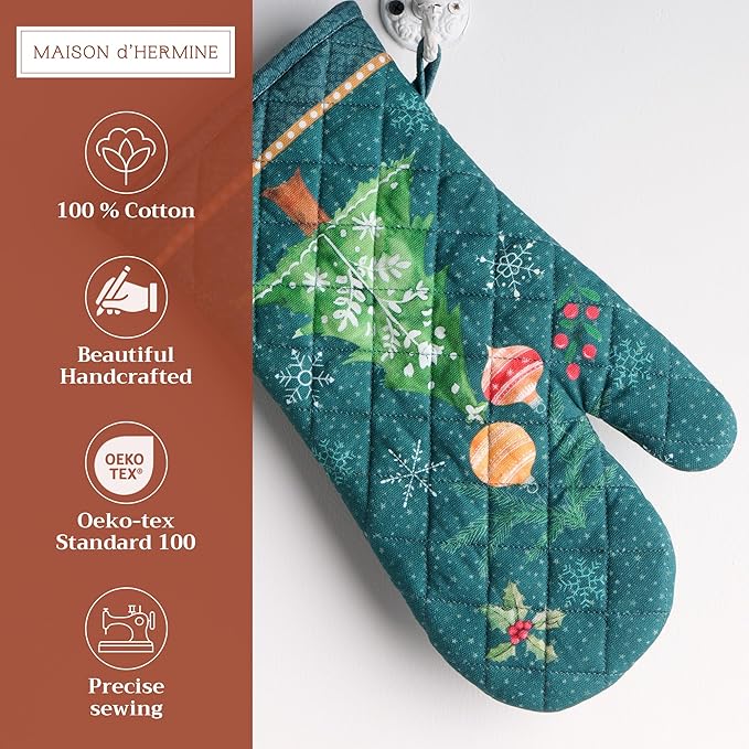 Maison d' Hermine Oven Gloves 100% Cotton Oven Mitt 7" x 13" with Loop Heat Resistant BBQ Cooking Gloves for Thanksgiving Christmas Decorations Baking Handling Hot Pans (Pack of 1, Hygge Christmas)
