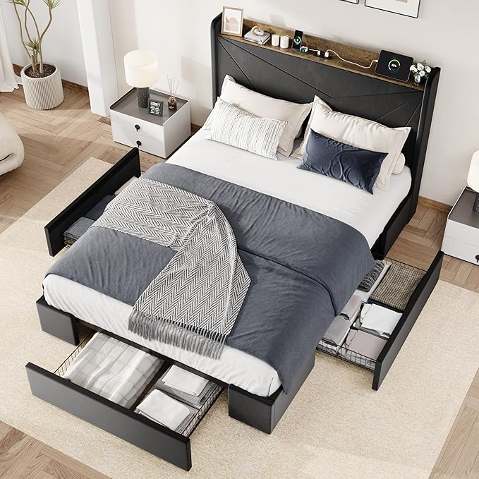 Allewie Full Size Velvet Bed Frame with 3 Storage Drawers, Upholstered Platform Bed with Wingback Storage Headboard and USB Ports, No Box Spring Needed, Easy Assembly, Black