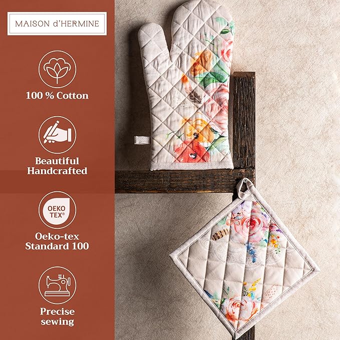 Maison d' Hermine 100% Cotton Oven Mitt & Pot Holder Set (7.5"x13" & 8"x8") Heat Resistant BBQ Cooking Gloves with Loop, Baking, Grilling, Kitchen, Handling Hot Pans Spring/Summer (Ibiza - Beige)