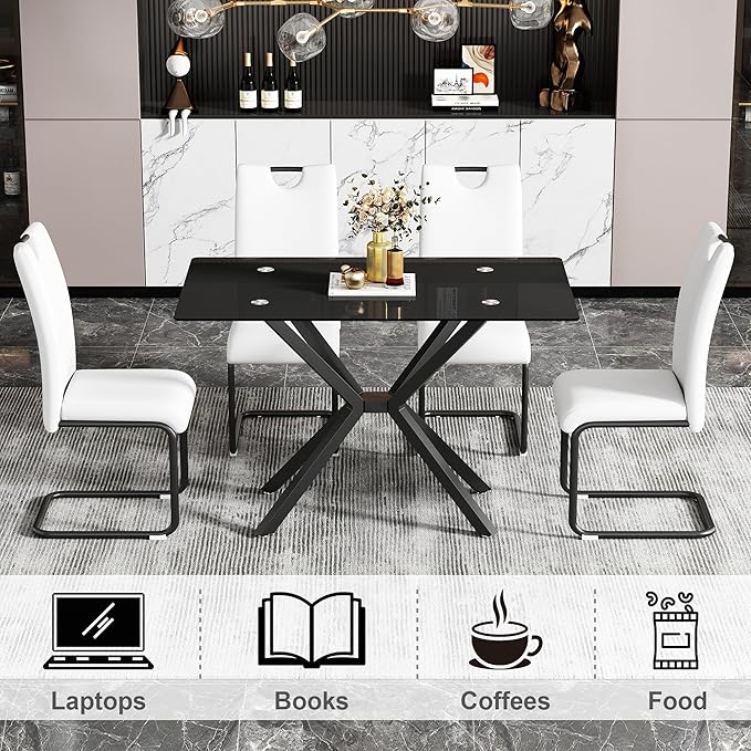 47.2" Black Glass Dining Table, Modern Kitchen Table for 4 People, Contemporary Rectangular Dining Room Dinner Tables with Black Glass Top & Black Metal X Legs for Kitchen Apartment