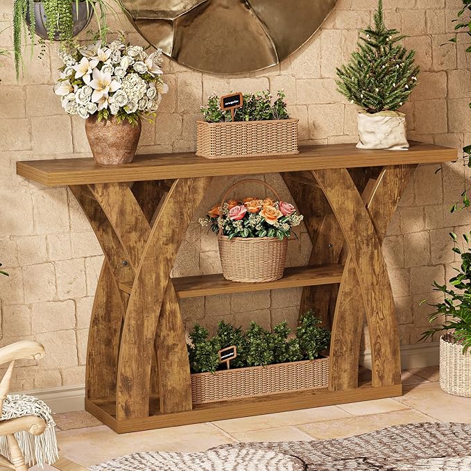 Farmhouse Console Tables, 55-Inches Narrow Console Tables 3-Tier Rustic Wood Sofa Behind The Couch Table Entryway Table for Living Room, Bedroom, Home Office (Tiger Brown)