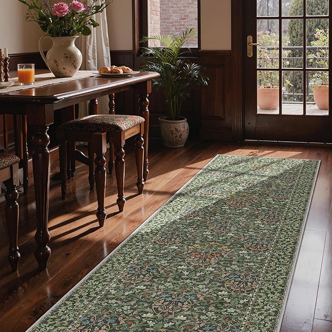 GENIMO Floral Washable Runner Rug 2’6”x10’, Non-Slip Long Hallway Carpet for Entryway, Kitchen, Indoor Floor Use, Vintage Boho Soft Thin Rug Décor, Emerald Green