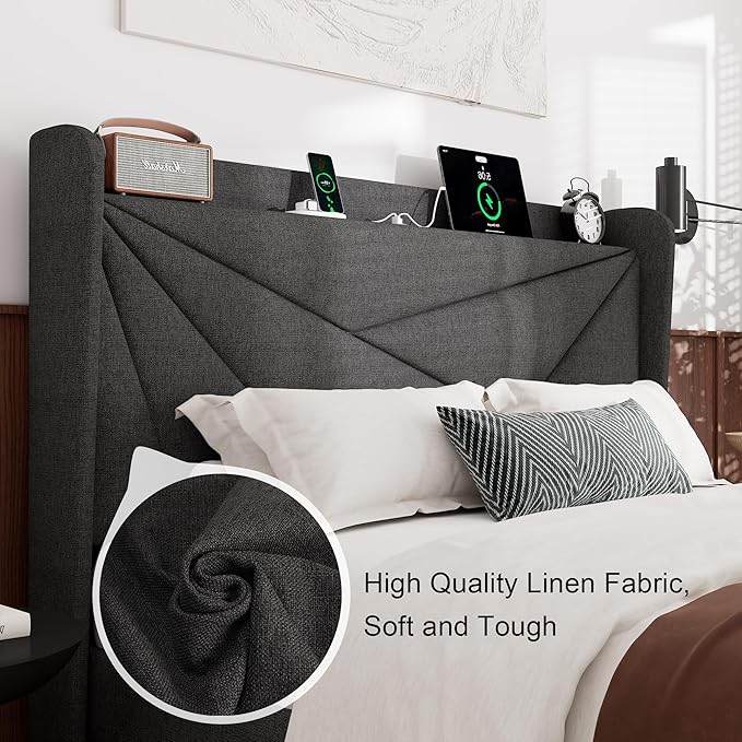Feonase Full Size Bed Frame with Charging Station, Upholstered Linen Bedframe with Wingback Headboard, Solid Wood Slats Support, Noise Free, No Box Spring Needed, Charcoal Grey