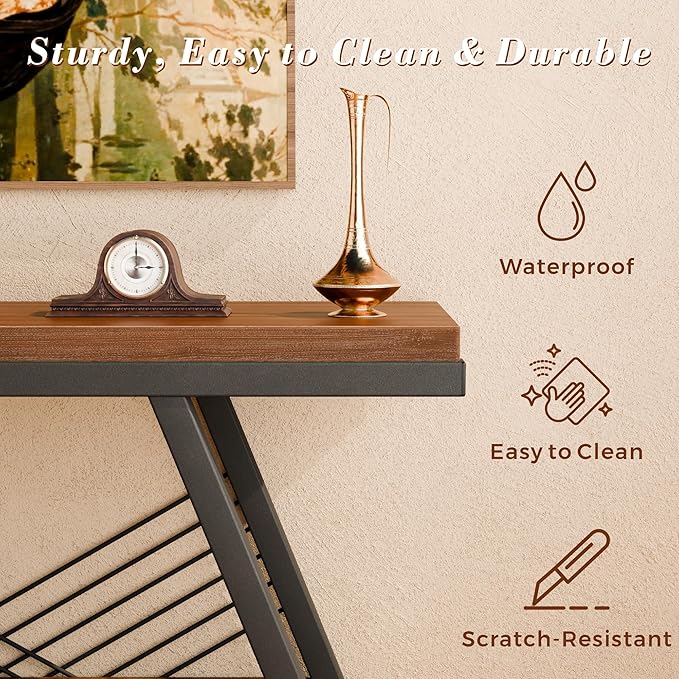 39.4" Entryway Table, Industrial 3-Tier Console Sofa Table with Open Wood Shelves, Wood Accent Table with Stable Metal Frame for Small Spaces, Entrance, Hallway, Foyer, Rustic Brown