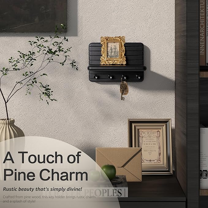 Rebee Vision Small Key Holder Wall Mount for Home Decor – Modern 7-inch Key Rack for Wall with 4 Sturdy Hooks & Mini Floating Shelf - Ideal Home Organization Solution for Small Space (Black)