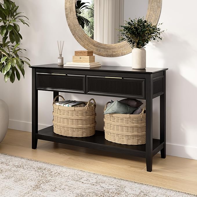 Bush Home Fluted Console Table with Drawers, Living Room Furniture, Camille Collection, Onyx Birch Black