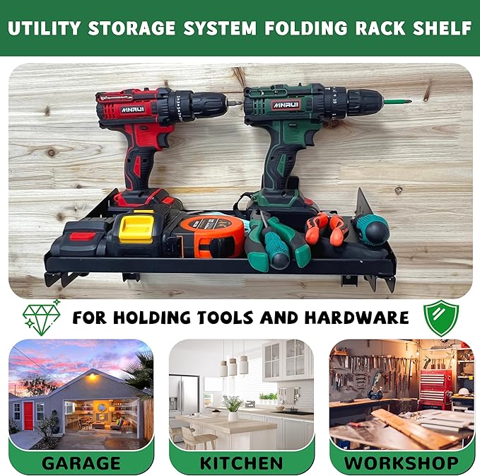 ULIBERMAGNET Garage Folding Storage Rack Shelves,200LB Metal Wall Mounted Adjustable Rail Shelf for Garage,Power Tools,Toolbox,Storage Shelves with Lip for Workshop Kitchen Office (2 Pack)