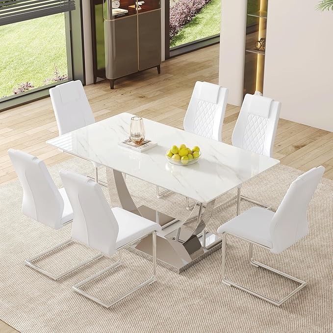 AZmac 63" Modern Dining Table Set for 6, White Dining Room Set for 6, Tempered Glass Kitchen Table and PU Leather Chairs, Marble Pattern Top with Sturdy Silver Chrome Base