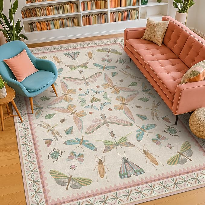 Butterfly Area Rugs 5x7 for Baby Nursery, Cute Light Pink Rugs for Bedroom Girls, Living Room, Kids Room Playroom Reading Corner, Washable Ultra Soft Stain Resistant Floral Floor Decor