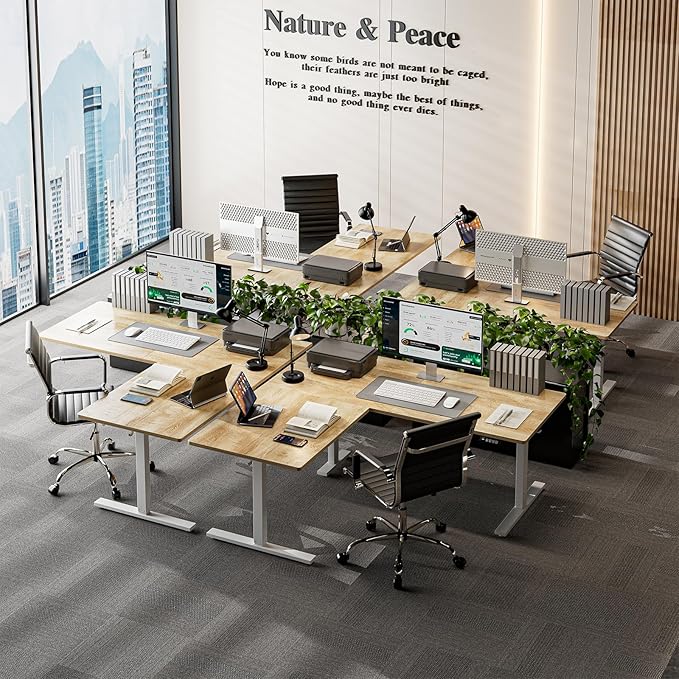 Grandder 63 x 55 Inch L Shaped Standing Desk, Electric Height Adjustable Corner Stand Up Desk, Sit Stand Corner Table Home Office Table, Oak Top White Frame