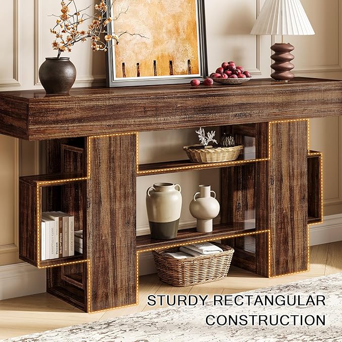 63 Inch Long Console Table for Entryway, Farmhouse Wooden Sofa Table Behind Couch with 3-Tier Storage Shelf, Narrow Entry Accent Table for Living Room, Hallway, Foyer, Rustic Brown