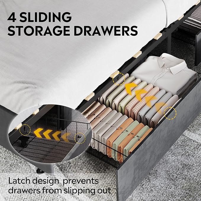 WLIVE King Size Upholstered Bed Frame with 4 Drawers and Velvet Square Tufted Headboard, Sturdy Metal & Wooden Slats Support, No Box Spring Needed, Easy Assembly, Dark Grey