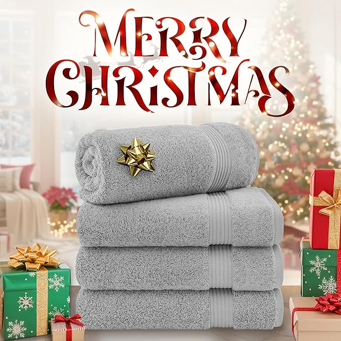 Cotton Paradise 4 Piece Turkish Bath Towels for Bathroom, Extra Large Soft Plush Towels Bathroom Set, Light Grey