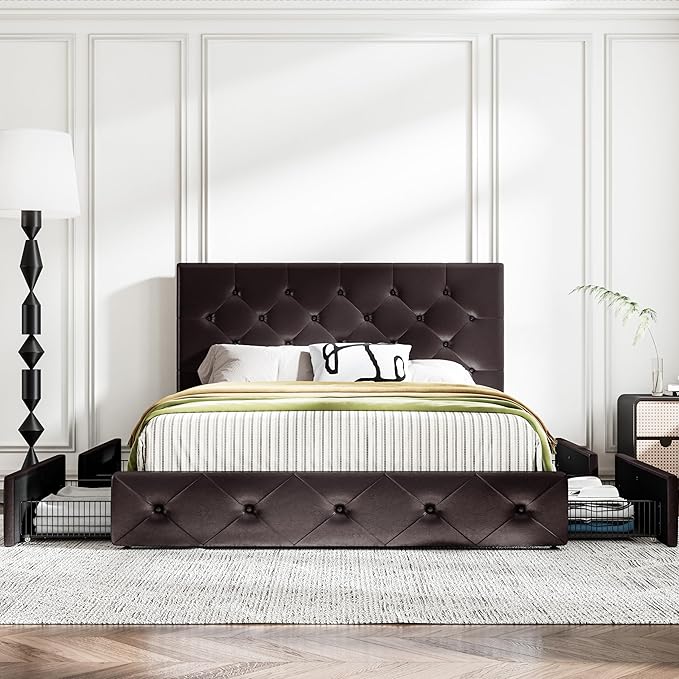 MUTICOR Queen Size Bed Frame with 4 Storage Drawers, Upholstered Platform Bed with Button Tufted Adjustable Headboard, No Box Spring Needed, Easy Assembly, Diamond Tufted, Brown Leather