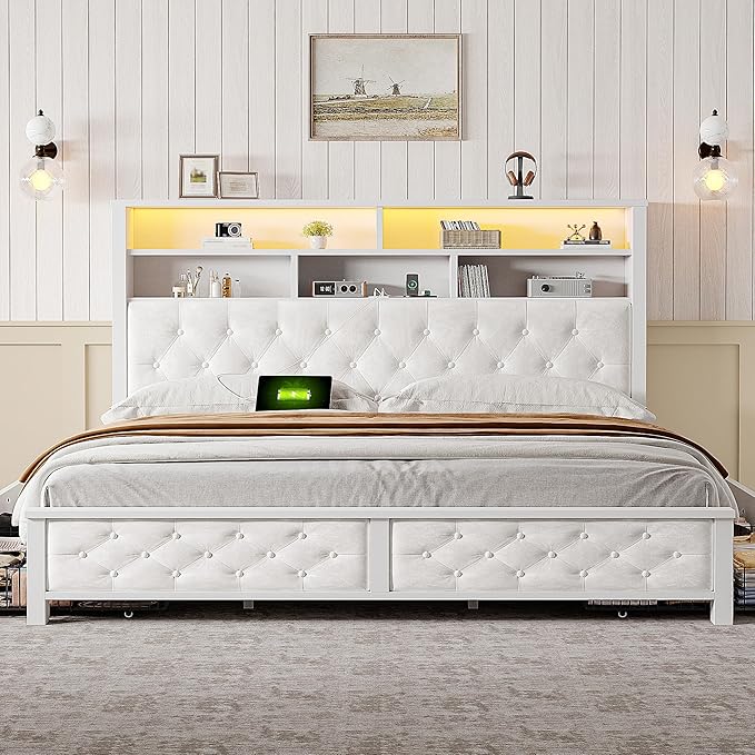 EnHomee King Size Bed Frame with 4 Drawers and Upholstered Storage Headboard,Wooden King Bed Frame with Charging Station and LED Lights,NO Noise,No Box Spring Needed,Beige