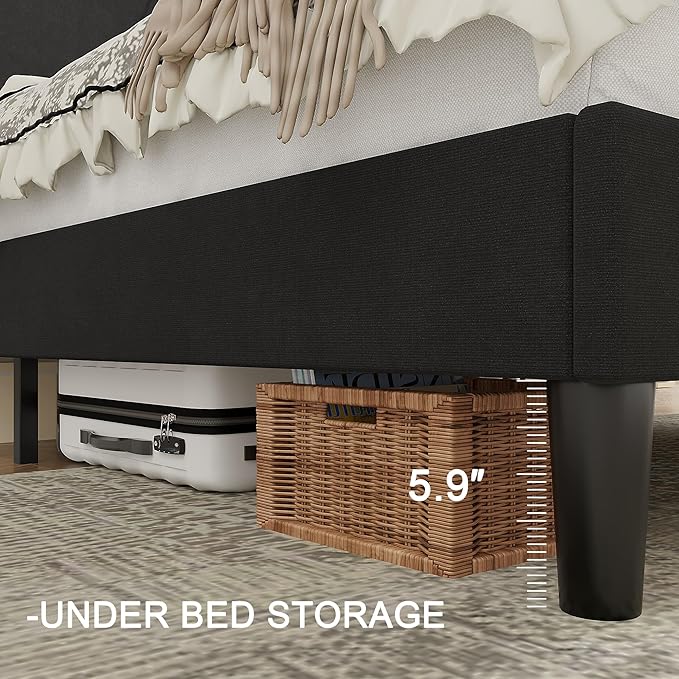 VECELO Queen Bed Frame with Upholstered Wingback Headboard, Heavy-Duty Platform Bedframe with Charging Station, Wooden Slats, No Box Spring Needed, Grey