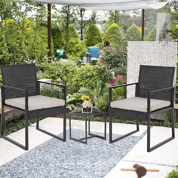 FDW | 3-Piece Patio Furniture Set | Khaki |Outdoor Wicker Furniture with Coffee Table | Modern Rattan Chairs Conversation Set | Outdoor Seating | Weather-Resistant | for Porch, Garden, Lawn