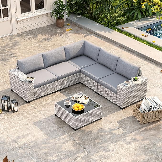 6 Piece Outdoor Wicker Rattan Sectional Sofa Set, 5-Seats Patio Furniture Conversation Set with 4" Thickened Cushions & Coffee Table, All-Weather PE Rattan for Garden, Backyard, Porch, Grey