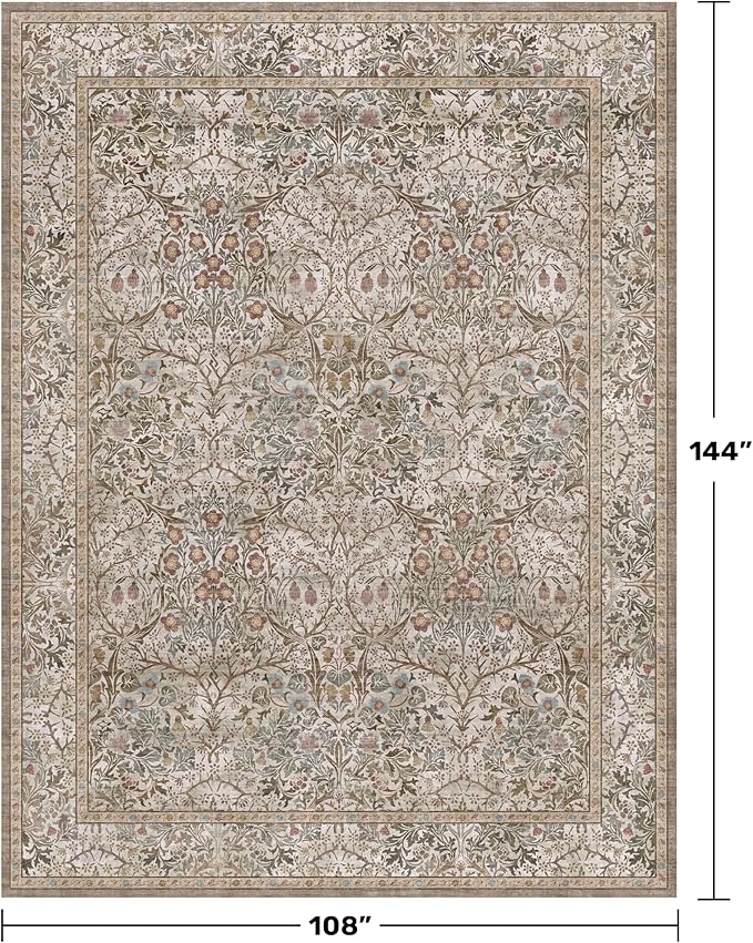 Washable 9x12 Living Room Rug - Moss Brown Floral Area Rug for Dining Room Under Table, Low Pile Non-Slip Floor Carpet for Bedroom Under Bed - Vintage Taupe Olive Design & Stain Resistance