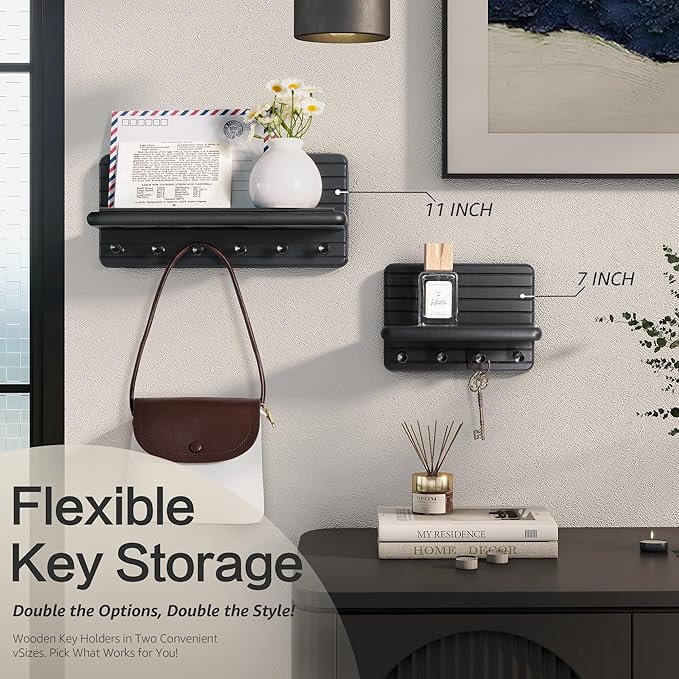 Rebee Vision Small Key Holder Wall Mount for Home Decor – Modern 7-inch Key Rack for Wall with 4 Sturdy Hooks & Mini Floating Shelf - Ideal Home Organization Solution for Small Space (Black)