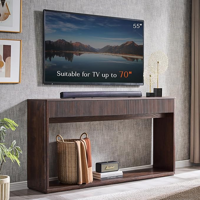 OKD 63" Fluted Console Table for Entryway, Modern Entryway Table with 2 Large Drawers, Long Sofa Table Behind Couch for Living Room, Hallway, Couch, Foyer，Dark Walnut