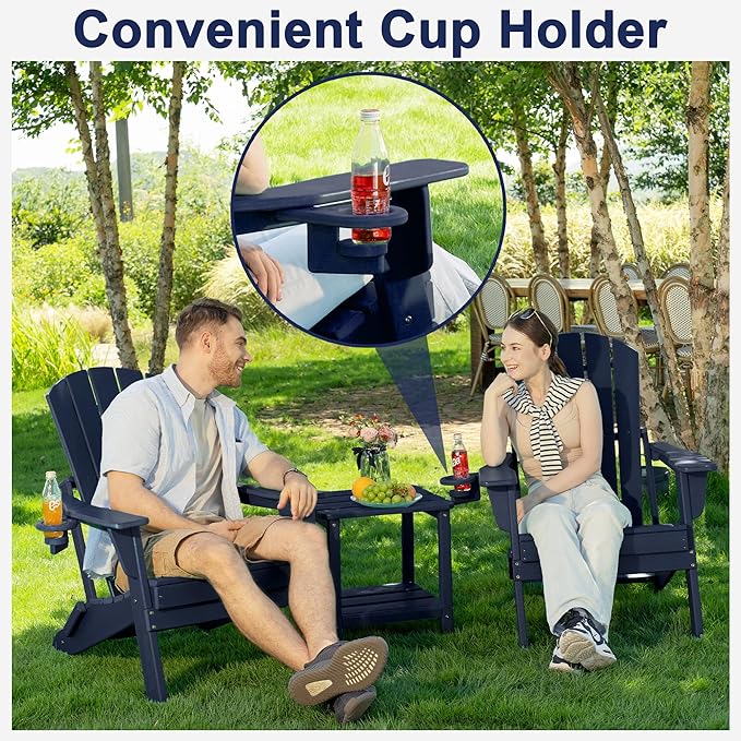 Plawdlik Folding Adirondack Chair, SGS Tested, Wooden Textured with Cup Holder, Heavy All-Weather HDPE Comfortable Set Poolside Backyard Lawn Navy Blue