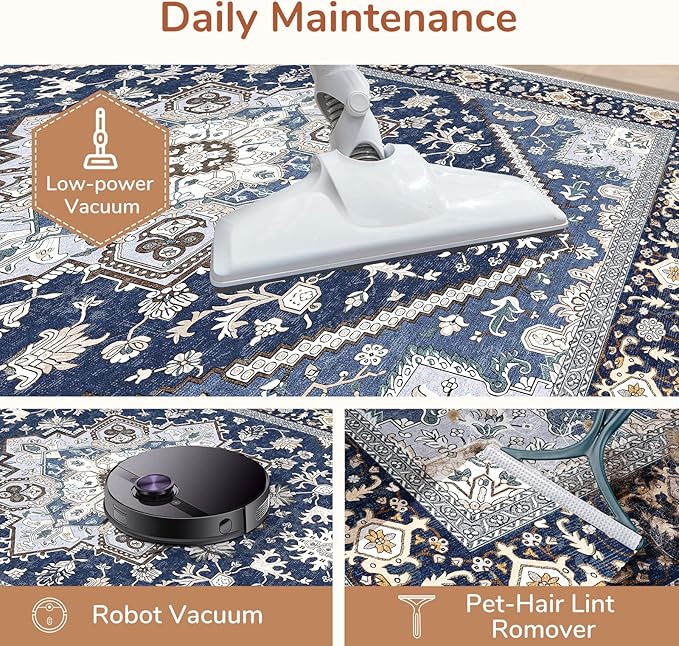 OPPODREAM Thin 6x9 Area Rugs, Washable Rug 6x9 with Non Slip Backing, Faux Cashmere Low-Pile 6 x 9 Carpet, Navy Blue & Gold