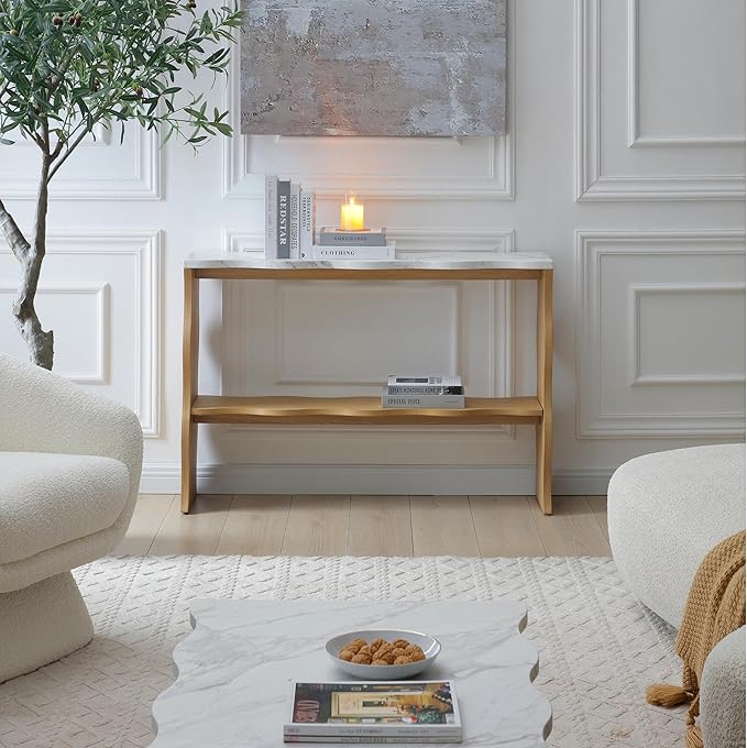 47-Inch Long Console Table, Marble Wooden Rectangular Sofa Table Behind The Couch, with Storage Shelf, Farmhouse Entryway Table for Entrance, Hallway, Living Room (Marble+Wood)