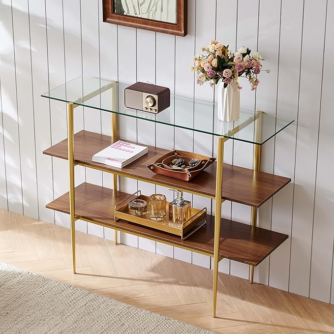 Glass Console Table for Living Room, Foyer & Entrance, H41 x W14 x H31inch, 3-Tier Mid-Century Modern Sofa Table with Clear Glass Top, Walnut Finish Wood Shelf and Gold Finish Frame
