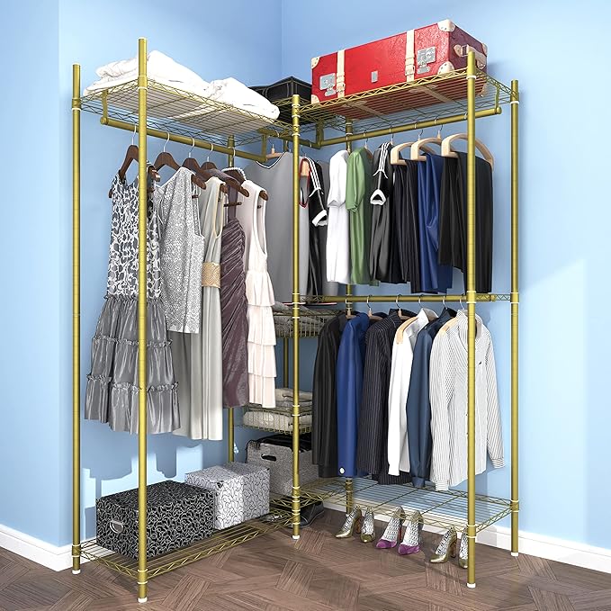 XIOFIO 6 Tiers Heavy Duty Garment Rack,Clothing Storage Organizer, Metal Clothing Rack,Clothing Rack with Hanging Rod,Adjustable Shelf and Fixed Baskets,60.7"L x 15.7"W x 70.5"H Max Load 720LBS,Gold