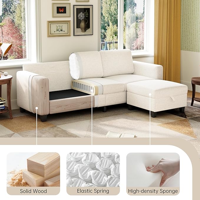 Sectional Sofa Couches for Living Room, 78'' Beige 3 Seater L-Shaped Couch with Storage Ottoman, Comfy Fabric Convertible Sectionals Sofas with Chaise for Apartment, Office, Small Space