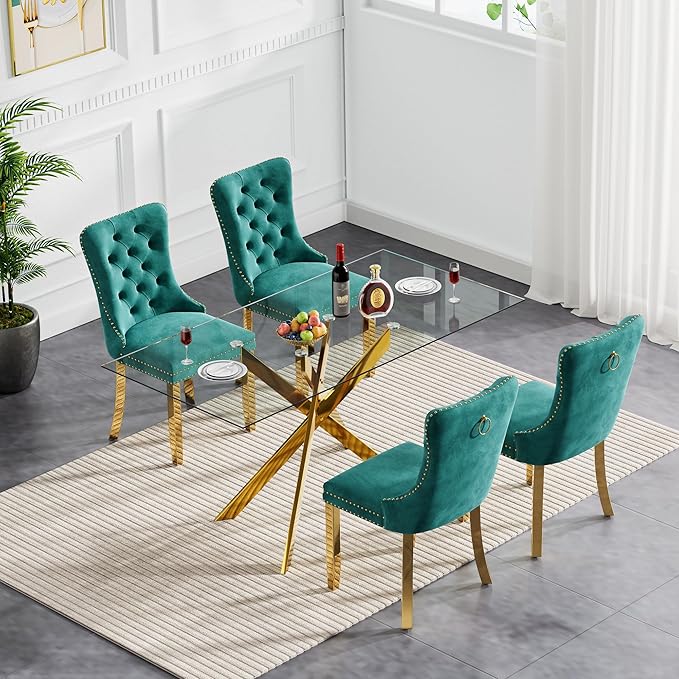 Goujxcy 5 Piece Glass Dining Table Set Modern Glass Dining Table Set for 4, 51" Rectangular Kitchen Table and 4 Velvet Upholstered Chairs for Kitchen Dining Room, Gold Table & Green Chair