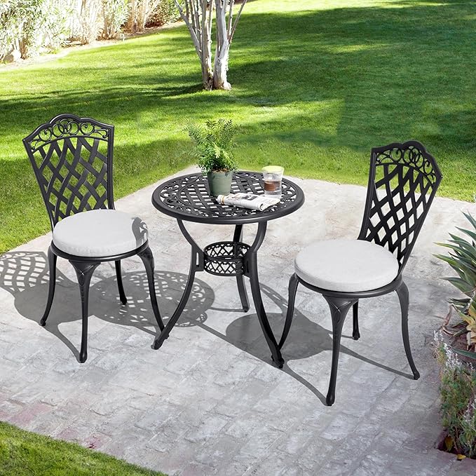 NUU GARDEN Outdoor Cast Aluminum Bistro Set, 3-Piece Patio Bistro Set with Table and 2 Chairs, Weather-Resistant Furniture with Gray Cushions and Umbrella Hole for Balcony, Garden, Lawn, Black