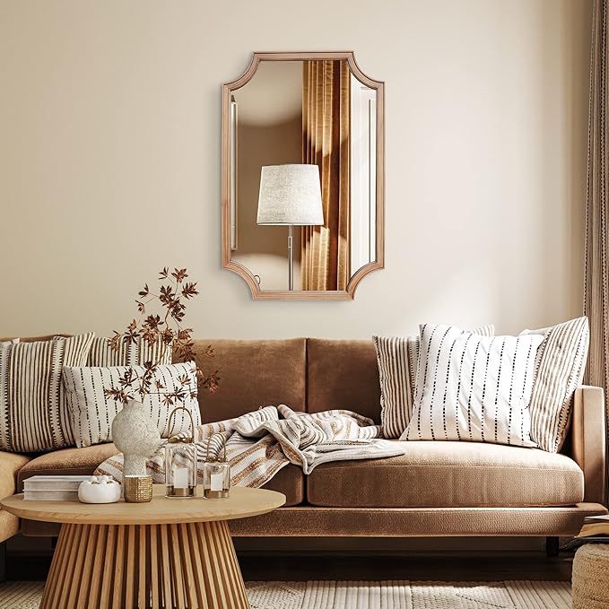 WallBeyond 24" x 36" Full Scalloped Corners Arch Rectangle Wall Mirror with Wood Frame for Entryway, Living Room or Bedroom Home Decor - Light Woodgrain [24" x 36" Natrual]