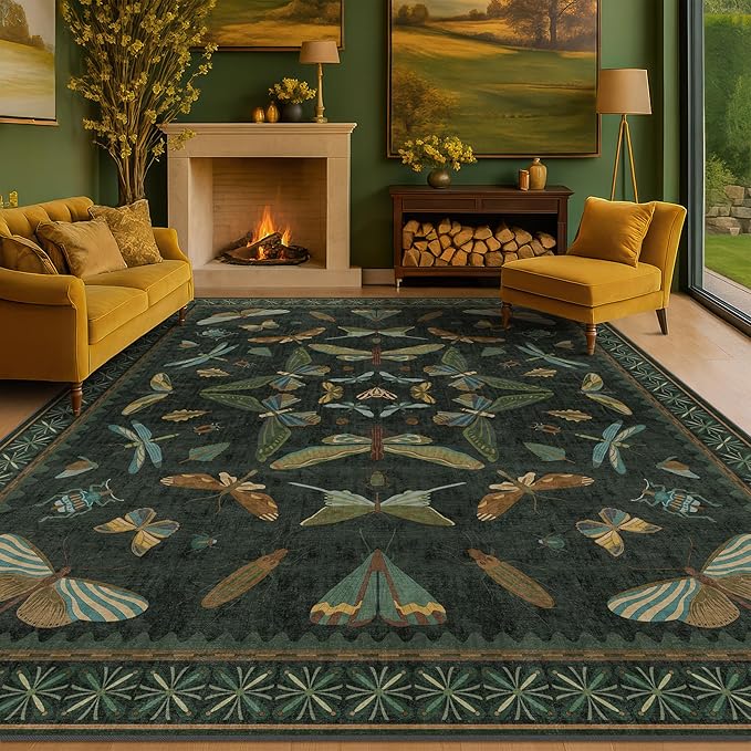 7x9 Insect Dark Green Rugs for Living Room, Boho & Forest Design Area Rug for Dining Room Under Table, Bedroom, Unique Washable Floral Non Slip Low Pile Soft Rug