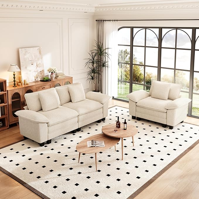 PHI VILLA Cloud Modular Couches Sets, 2 Pieces Sectional Sofa Set with Loveseat, 3-Seater Comfy Couch for Living Room Apartment, Corduroy Fabric, Beige