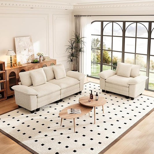 PHI VILLA Cloud Modular Couches Sets, 2 Pieces Sectional Sofa Set with Loveseat, 3-Seater Comfy Couch for Living Room Apartment, Corduroy Fabric, Beige
