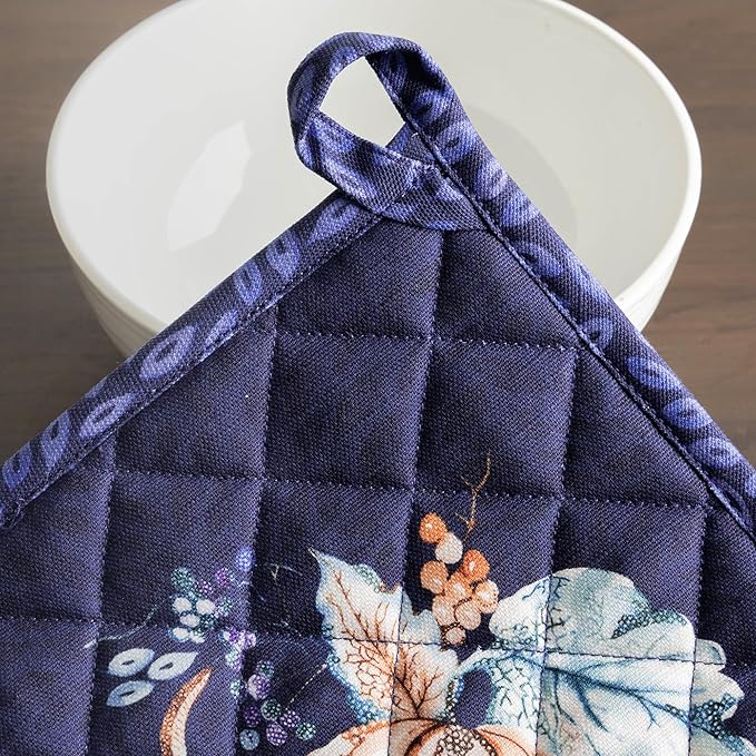 Maison d' Hermine Pot Holders 100% Cotton Heat Resistant Potholders 8" x 8" Hot Pads with Loop for Thanksgiving Christmas Decorations BBQ Cooking Baking Handling Hot Pans (Pack of 1, Pumpkin Blues)