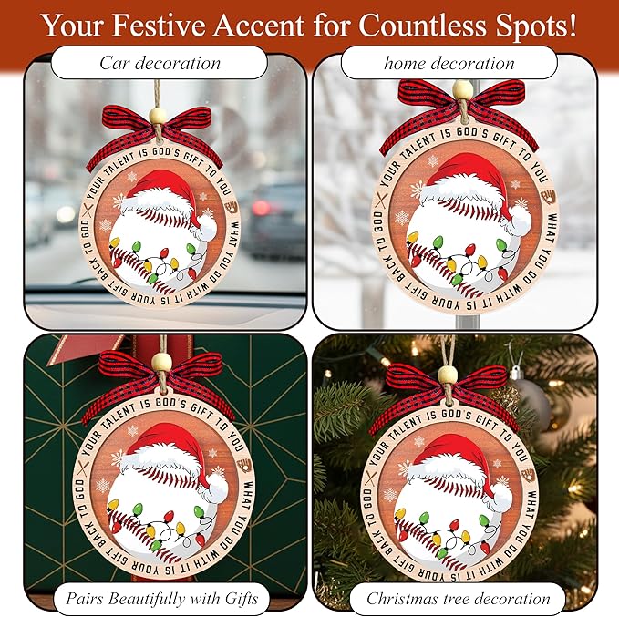Baseball Christmas Ornaments 2025 - Baseball Ornaments For Christmas Tree - Gifts For Players, Coaches, Fans, Softball Lovers - 2 Layer Wooden Softball Ornament - Sport Lovers Hainging Decor Xmas Tree
