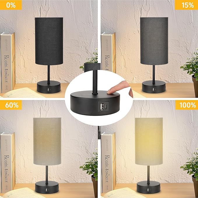 Bedside Table Lamp for Bedroom - 3 Way Dimmable Touch Lamp USB C Charging Ports and AC Outlet, Black Base Round Flaxen Fabric Shade for Living Room, Desk, LED Bulb Included(Black)