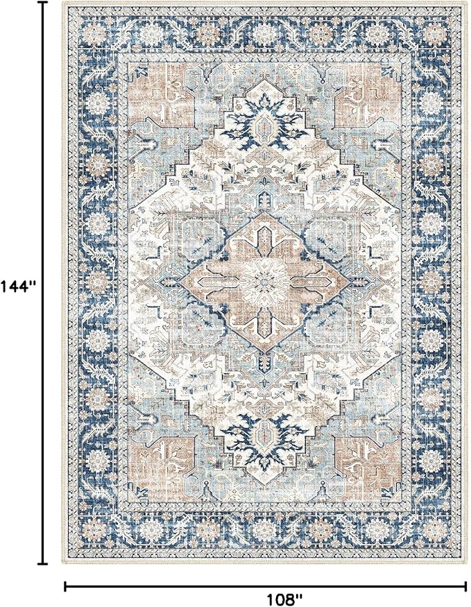 9x12 Area Rugs, Machine Washable Area Rugs for Living Room, Non Slip Backing Rugs for Bedroom, Vintage Printed Home Decor Large Area Rug (Grey Blue 9x12)