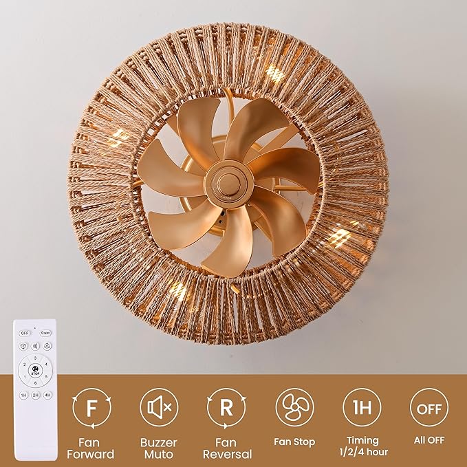 20" Boho Caged Fandelier with Lights Flush Mount Rattan Ceiling Fan with Lights and Remote Control, Enclosed 6 Speeds Low Profile Fan Light for Bedroom, Living Room, Kitchen